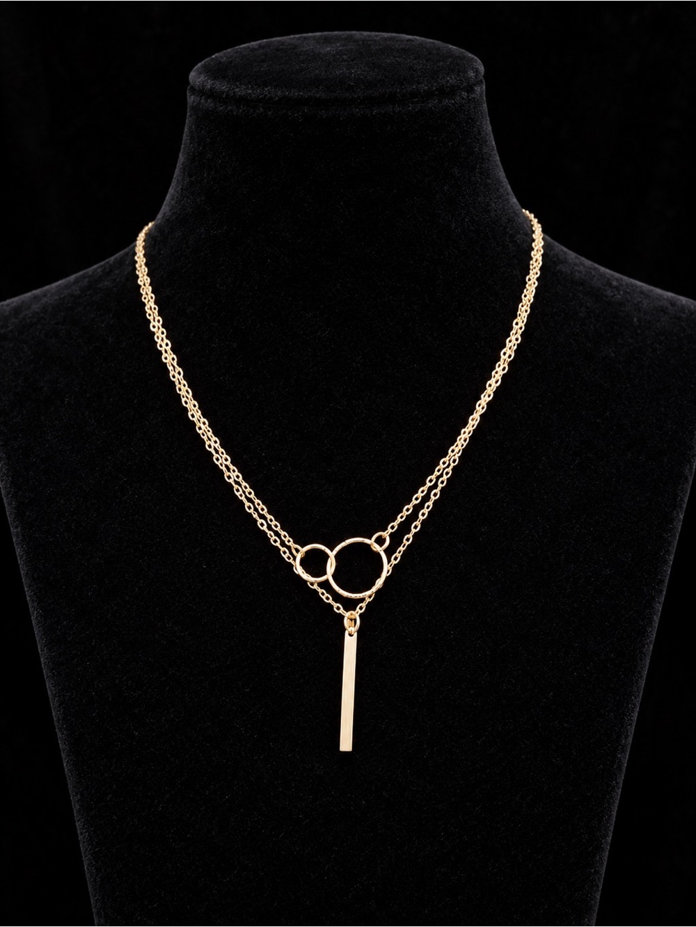 Gold Double Chain Necklace with Circles and a Bar